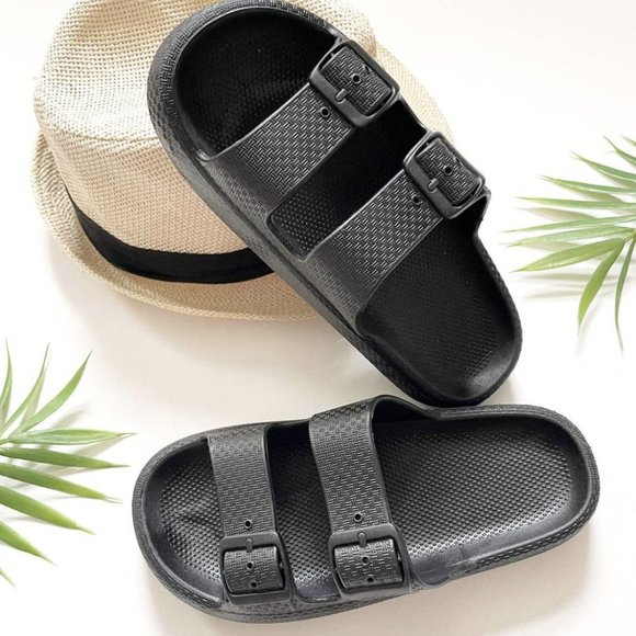Black Double Buckle Thick Sole Sandals - Picture 2 of 3